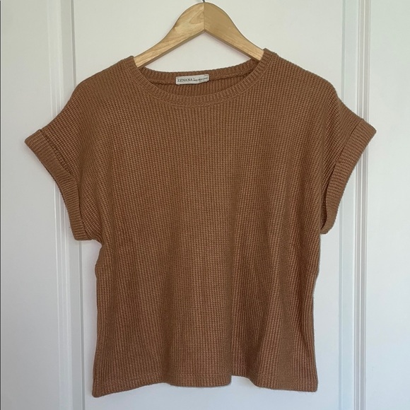 Zenana Women’s Boxy Waffle Knit Cuffed Sleeve Top Camel L - Picture 1 of 5
